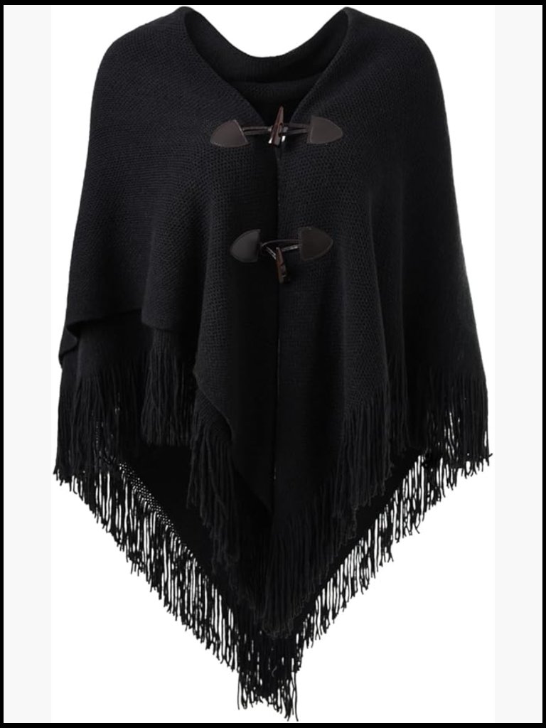 Oversized Cape Shawl Poncho With Horn Buttons V Neckline Fringe Hem